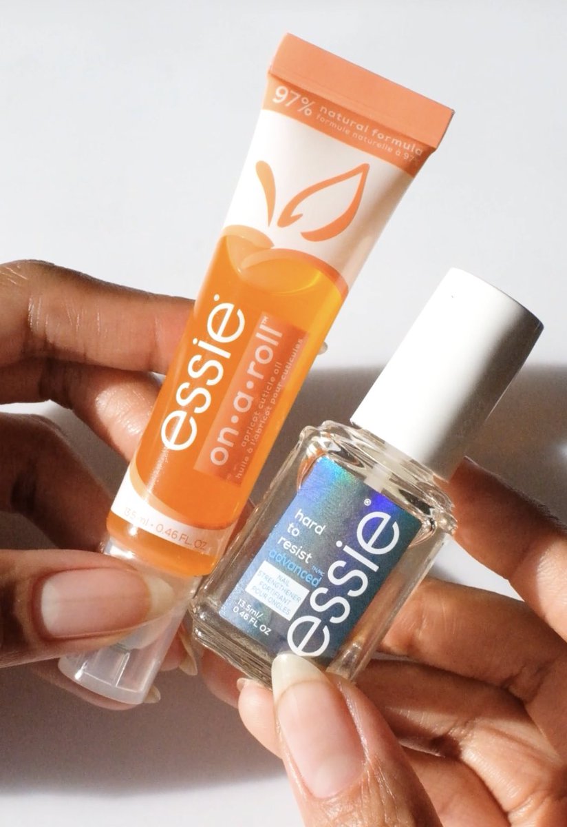 the new iconic duo 🍊💦 strengthen and condition your nails with essie’s new ‘hard to resist’ advanced nail strengthener + ‘on a roll’ apricot cuticle oil 📸: <a href="/overglowedit/">Melanie Graves</a> on IG