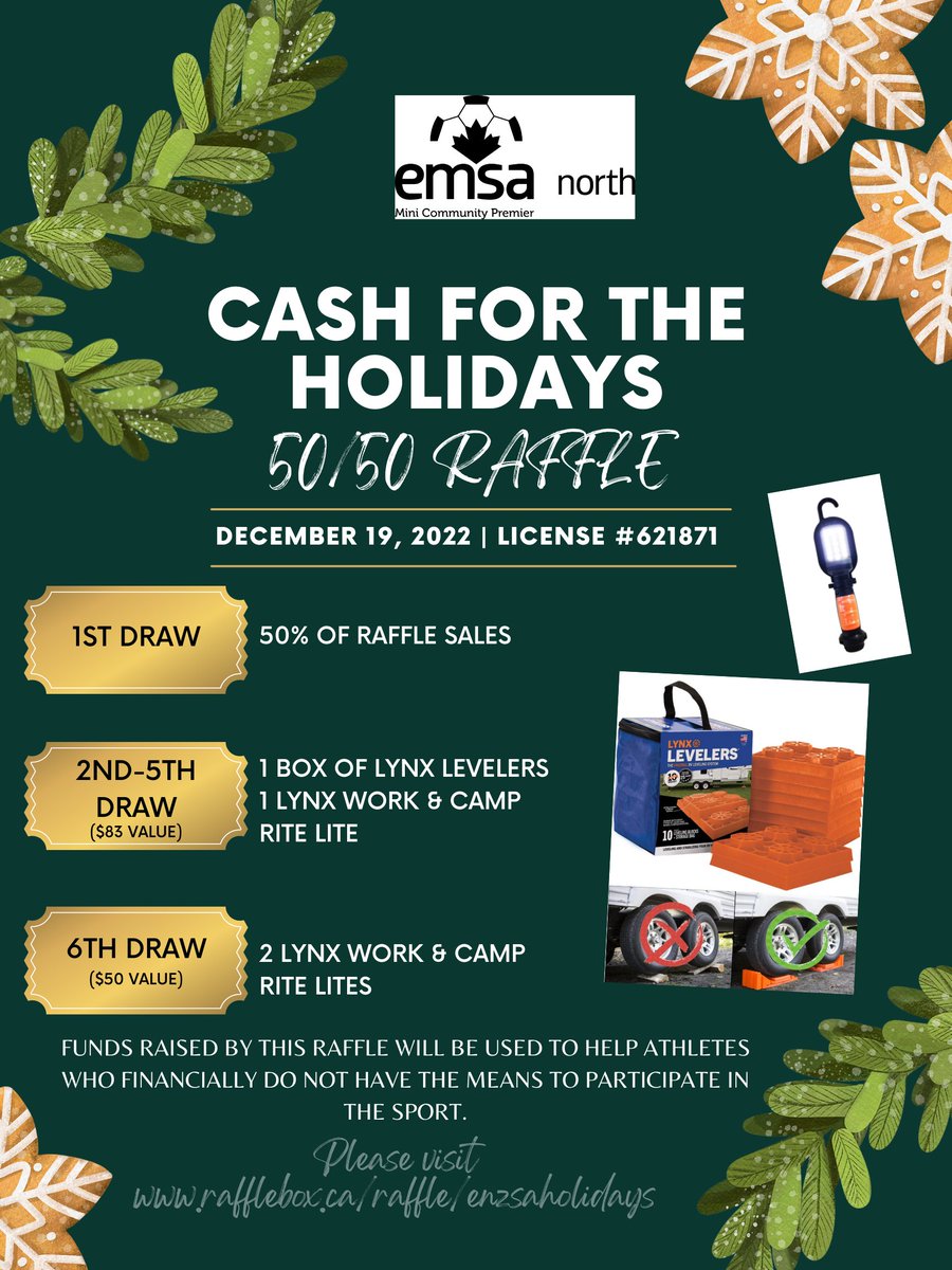 We're excited to announce NEW PRIZES for our 50/50 raffle courtesy of Tri-Lynx Corporation! 

Raffle closes in 3 days! Please visit rafflebox.ca/raffle/enzsaho… to purchase your tickets before it's too late! 

License #621871