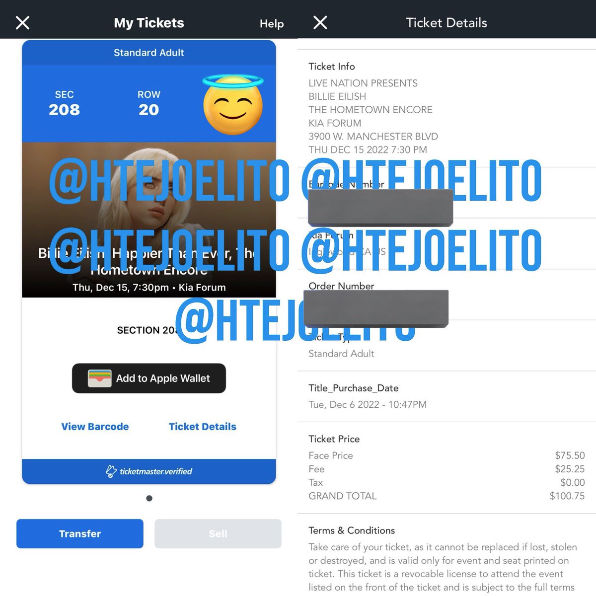 handwrittentixs's tweet photo. INGLEWOOD BILLIE EILISH fans, @htejoelito is selling ONE ticket to the TONIGHT for $75! #HTEEncoreShows https://t.co/aIRLUCtnvN