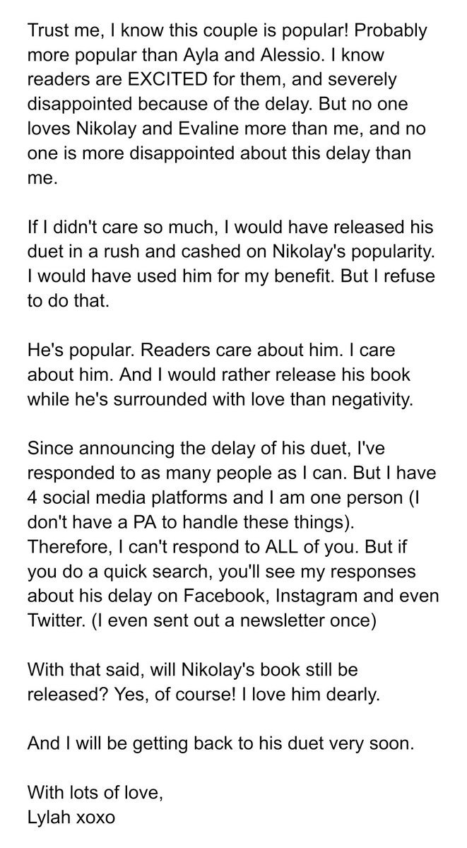 Nikolay updates. I've responded about the delay multiple times before, but here it is again! Please read 🖤