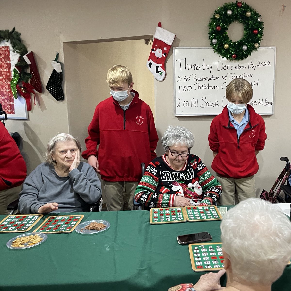 allsaintsba's tweet photo. Our 8th grade NJHS members played Bingo today with the residents of Franciscan Villa. #CatholicCharities #Advent https://t.co/Yue9SkKlnG