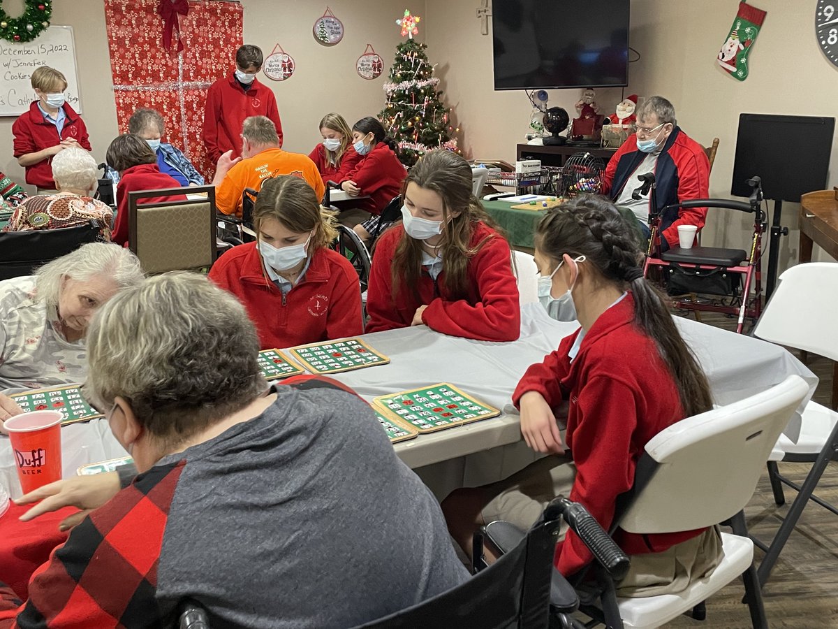allsaintsba's tweet photo. Our 8th grade NJHS members played Bingo today with the residents of Franciscan Villa. #CatholicCharities #Advent https://t.co/Yue9SkKlnG