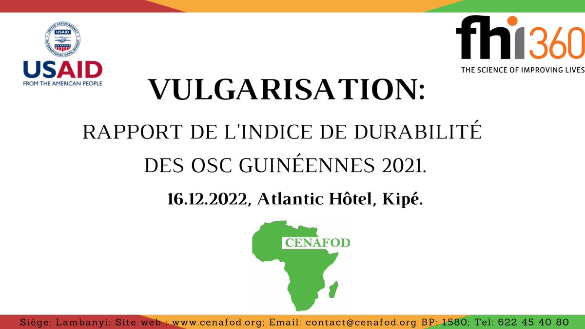 CenafodGuinee's tweet photo. A demain pour l'atelier de restitution du rapport de l'indice de durabilité des OSC guinéennes à @ViewHotelCky.
@USAIDGuinea @fhi360 @PCGuinea @CARE @EmbassyConakry @UEenguinee @PNUDGuinee @UNICEFGuinea https://t.co/VqTHZQuztO