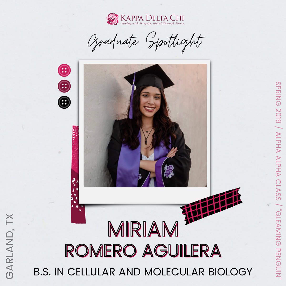 🎓 GRADUATE SPOTLIGHT 🎓
•
MIRIAM ROMERO AGUILERA, a Spring 2019 initiate of <a href="/sfasukdchi/">𝐊𝐃𝐂𝐡𝐢 - 𝐏𝐡𝐢 𝐂𝐡𝐚𝐩𝐭𝐞𝐫</a> from Garland, TX, graduated from SFA with a B.S. in Cellular and Molecular Biology and a Minor in Combined Sciences. She plans to work in a research laboratory or research related position!