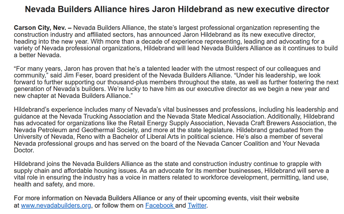 NevadaBuilders's tweet photo. Introducing our new Executive Director, @Jaron_Scott44! We're stepping into the new year on the right foot with the addition of Jaron to Nevada Builders Alliance. 🔨 
His previous experience will ensure he continues to help #BuildABetterNevada for us all. Read more below! https://t.co/vGPKIyt9hZ