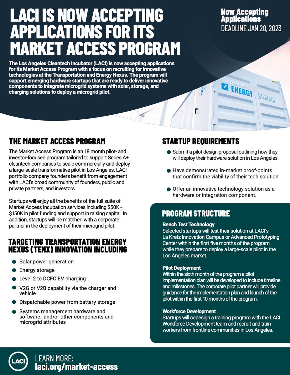 Recruitment for <a href="/laincubator/">LACl</a> Market Access Program is NOW OPEN!

Open to US-based and international startups in Series A+ funding stages (TRL 7+) with ambition for expansion in the Los Angeles area.

Apply by the January 28th, 2023 deadline here:shorturl.at/fmsO3