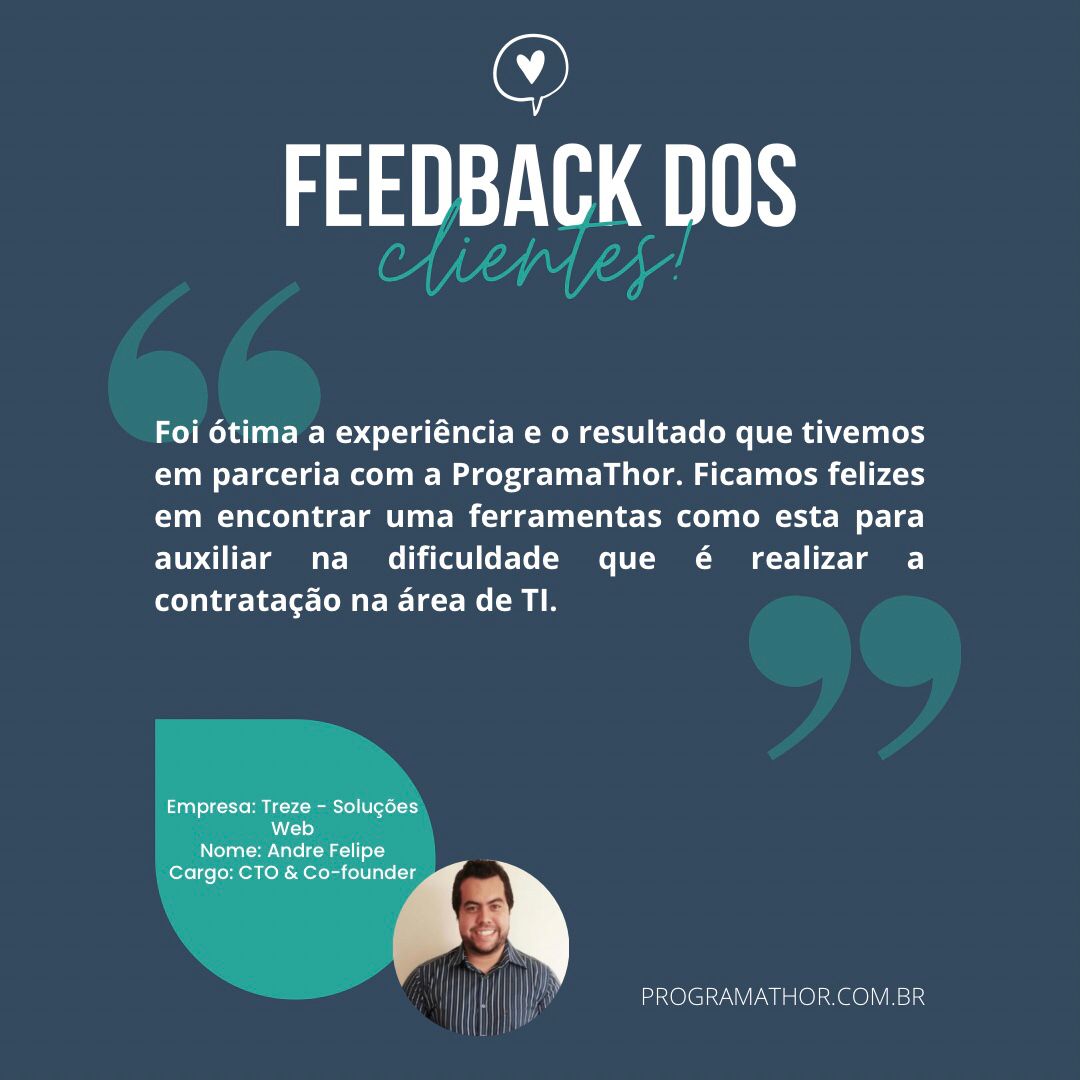 ProgramaThor's tweet image. Hoje trouxemos o depoimento do Andre Felipe sobre a experiência da sua empresa com a nossa plataforma.

Quer ter um canal para divulgar suas vagas de forma intuitiva e eficaz? Então conte com a ProgramaThor! 😉💙

#programathor #recrutamentoeseleção #desenvoldedores