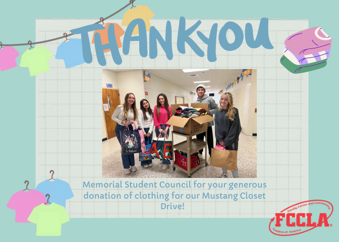 treubluefccla's tweet photo. A BIG Thank You to @memstuco for their donation of clothing for our Clothing Drive benefiting the Mustang Closet! We appreciate your support! @McAllenISDCTE @mcallenmemorial @memorialtbfccla https://t.co/LYkkmQP4wD