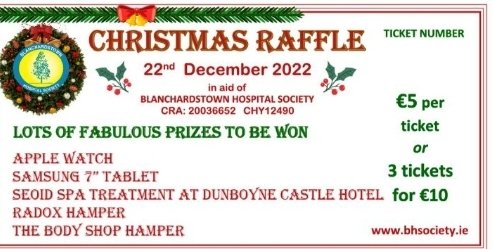 Christmas Raffle Tickets on sale 🎄🎅 Draw will take place on Thursday 22nd December. Tickets €5 each or 3 for €10 Please text 086 0599114 or email amanda@bhsociety.ie and secure payment link will be sent to you.