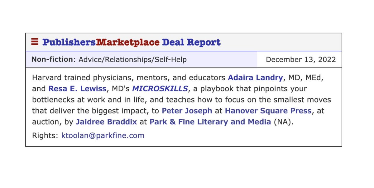 Excited to  share that <a href="/AdairaLandryMD/">Adaira Landry, MD MEd</a> and I signed a book deal with @peterajoseph at <a href="/HarperCollins/">HarperCollins</a> @hanoverpress and agent @ParkandFine for MicroSkills, a playbook that will help you be better at work.