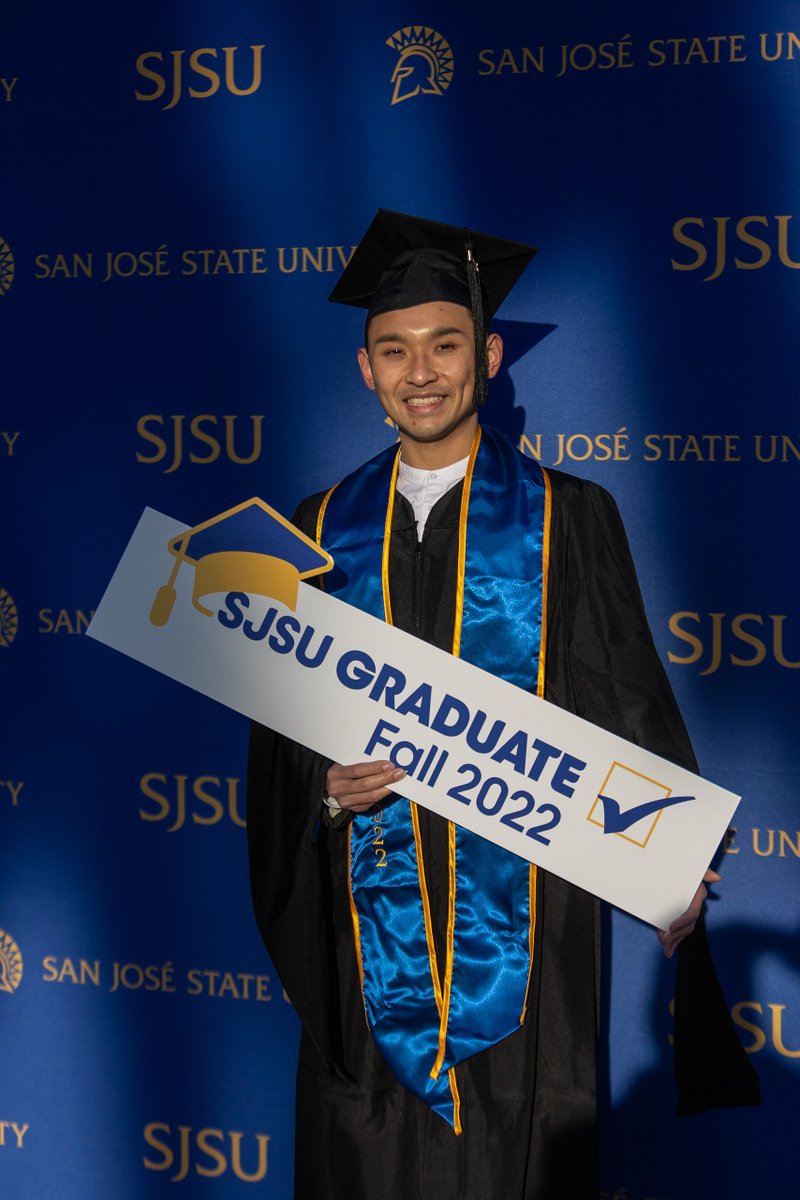 SJSU's tweet photo. Shout out to all of today's @SJSUCHHS and @SJSUScience 2022 Fall graduates! 💙💛

Graduation... check! ☑️

You can go back and view Thursday morning's ceremony here: https://t.co/WkAXqzR5d3 #sjsubucketlist #SJSU22 #SJSU @calstate https://t.co/03oeEyYGhS