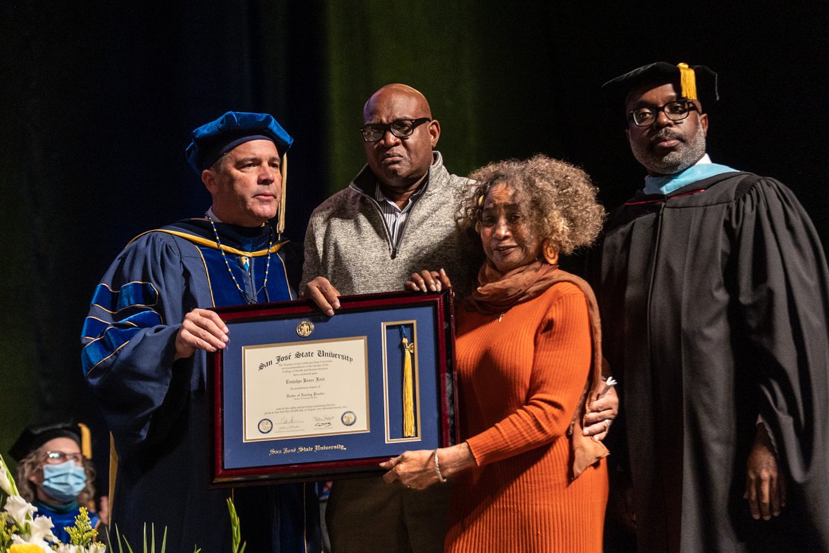 SJSU's tweet photo. Shout out to all of today's @SJSUCHHS and @SJSUScience 2022 Fall graduates! 💙💛

Graduation... check! ☑️

You can go back and view Thursday morning's ceremony here: https://t.co/WkAXqzR5d3 #sjsubucketlist #SJSU22 #SJSU @calstate https://t.co/03oeEyYGhS
