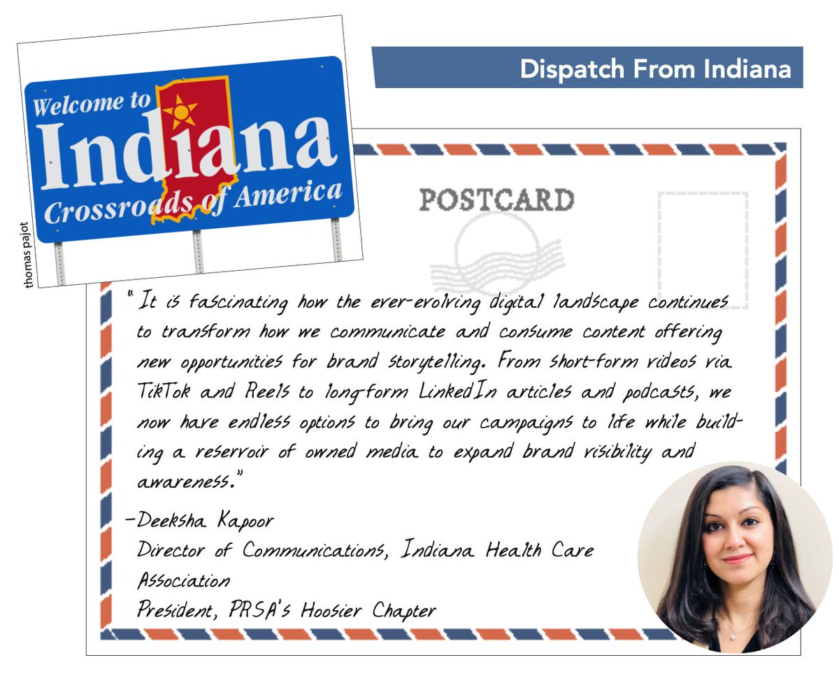 PRSAtactics's tweet photo. Dispatch From Indiana: Deeksha Kapoor, president of the @PRSAHoosier Chapter, talks about the ever-evolving digital landscape in the Nov-Dec issue of Strategies &amp; Tactics. Read more here: https://t.co/DUglavgd6k #prsa https://t.co/wGOphcJfdU