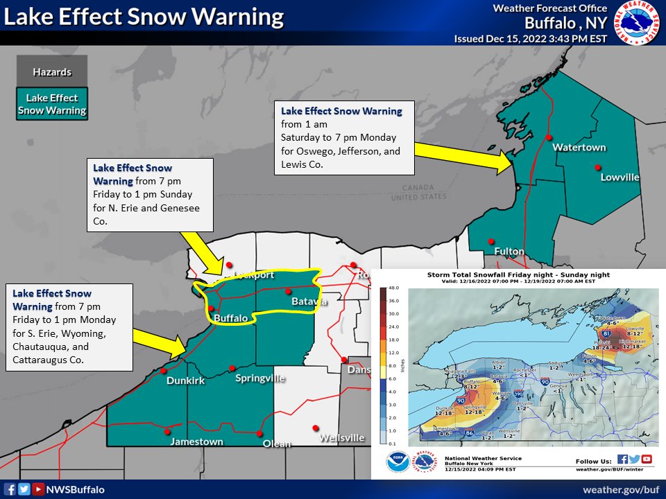 NWSBUFFALO's tweet photo. Heavy lake effect snow Friday night through the weekend. Lake effect snow warnings have been issued; keep up to date at https://t.co/0XbKOx8V5X #NYwx https://t.co/6AcHZtQnnh