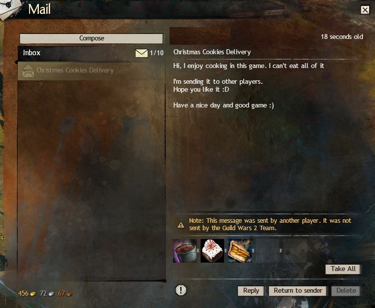 demplayZz's tweet photo. If anybody ever needed proof that @GuildWars2 has the most wholesome community, this is what 1 minute of logging into the game got me today. I don't even know what to say. https://t.co/pgt42vyLSz