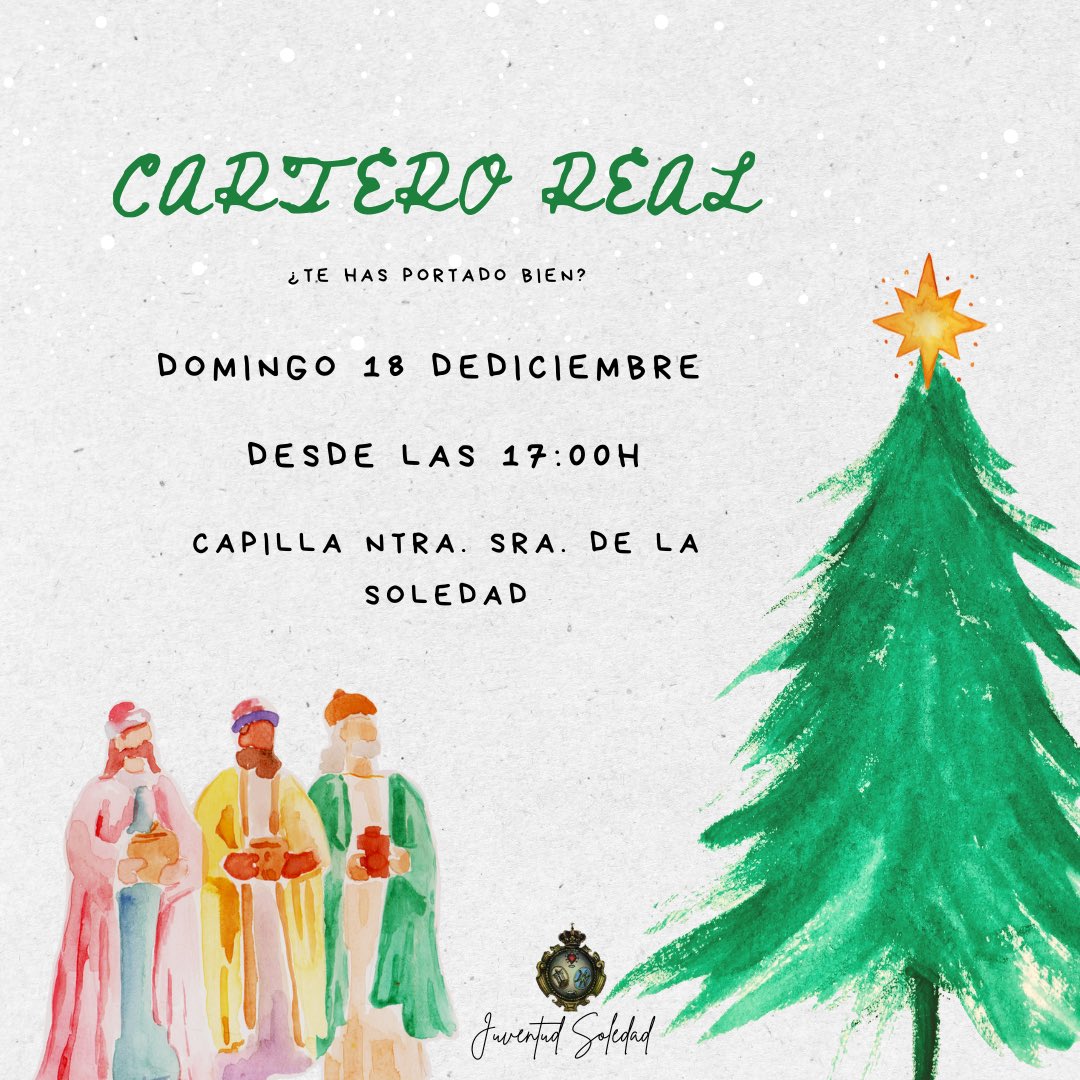 GJSoledadCoria's tweet photo. 📣CARTERO REAL📣

Un año más, la ilusión vuelve a la Plazoleta con la llegada del Cartero Real de S.S. M.M. los Reyes Magos de Oriente. (Durante la Zambomba de nuestra Hermandad)

🗓️Domingo 18 de diciembre 
 
📍 Capilla Ntra. Sra. de la Soledad

🕒 Desde las 17:00h https://t.co/dMcQmIEAJX