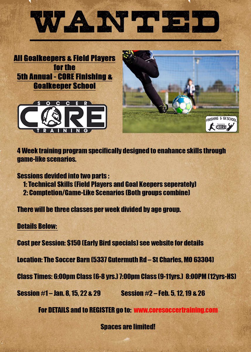 Whether you’re looking for a last minute gift for the player in your family or want to start preparing for after the new year. CORE Soccer training’s  5th Annual Finishing &amp; Goalkeeper School is right around the corner.

Spaces are limited, so don’t wait to secure your spot!