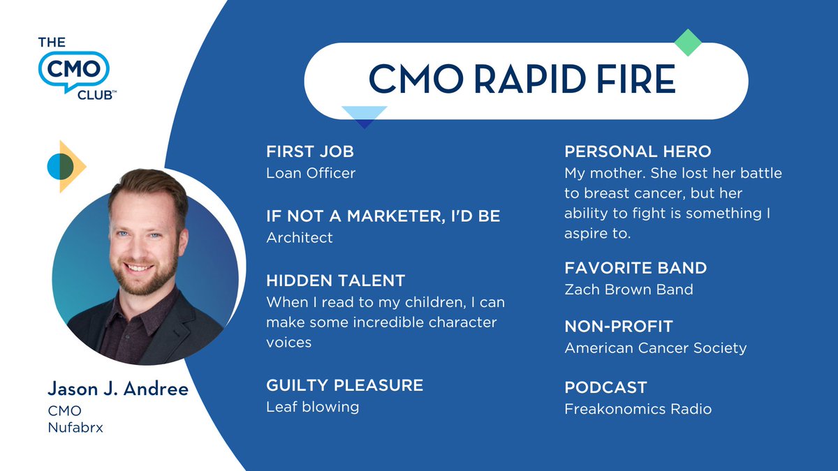 TheCMOclub's tweet photo. Get to know Charlotte #CMOclub member Jason J. Andree, CMO at @Nufabrx! 🎤🔥 #CMOrapidFire https://t.co/slcByBBm94