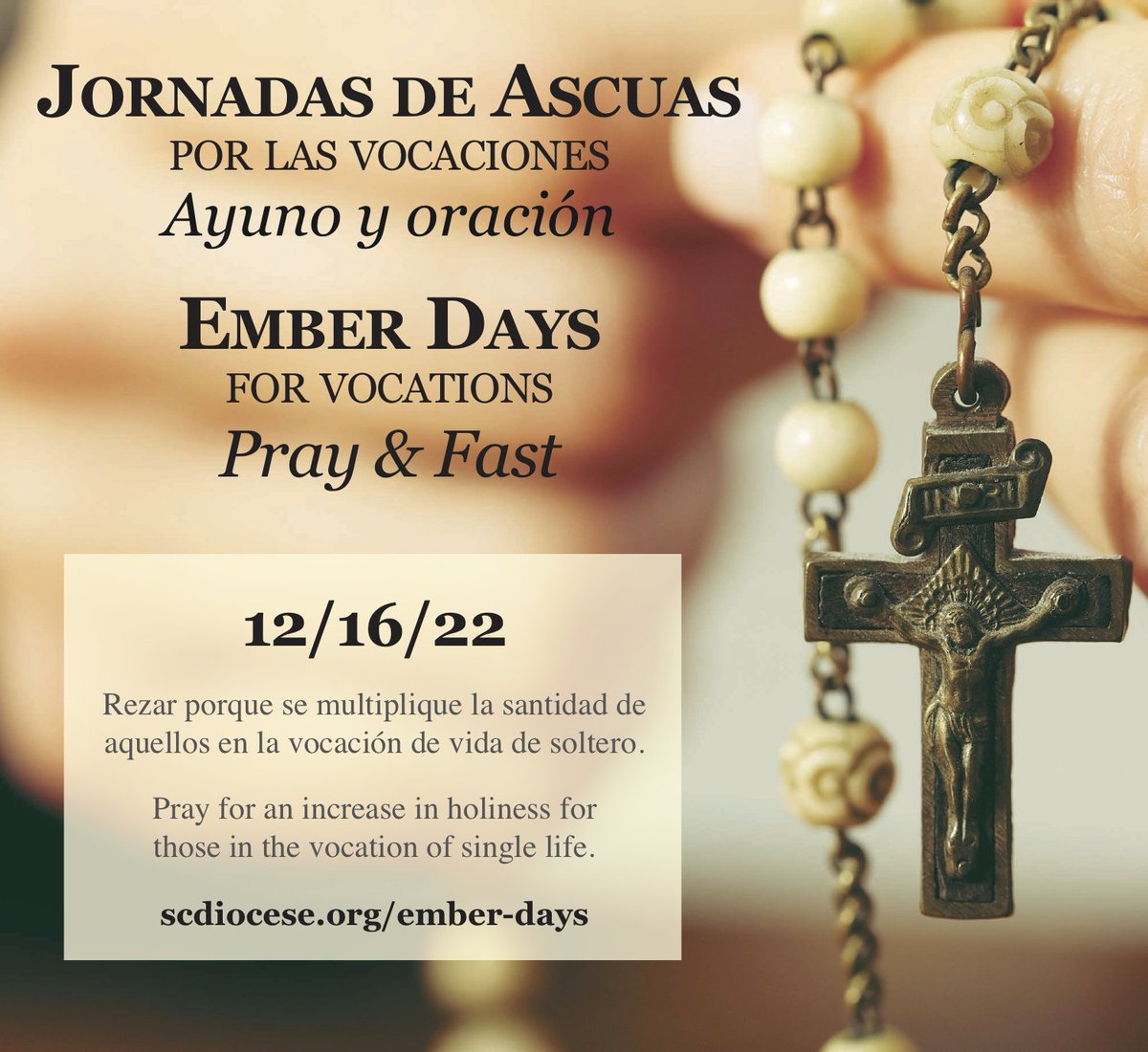 scdiocese's tweet photo. Our next Ember Day for Vocations is tomorrow! Pray and fast for an increase in holiness for those in the vocation of single life.
Learn more here/Leer más aquí: https://t.co/sdhB7p7sI1 #vocations #emberdays #jornadasdeascuas https://t.co/rsM2UlE5D5