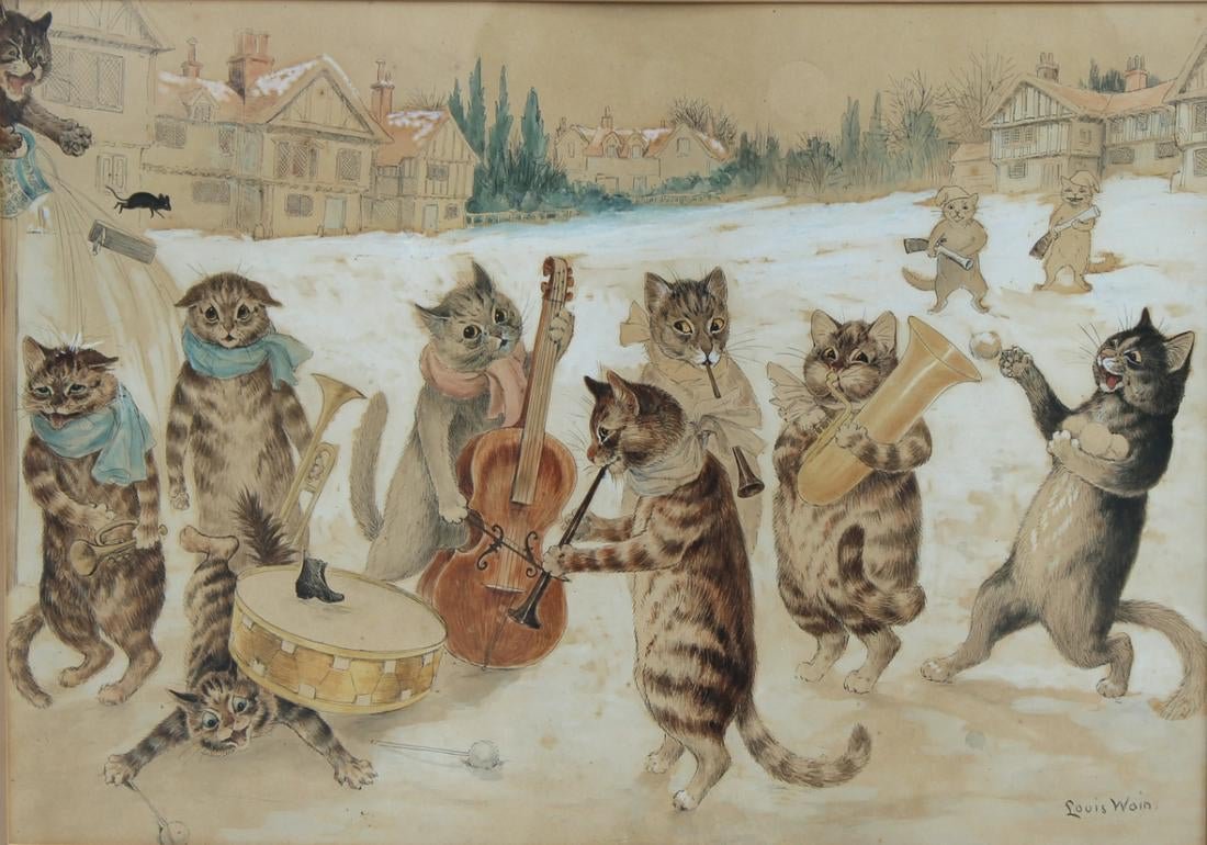 Louis Wain (1860-1939) English artist best known for his drawings which consistenty featured anthropomorphised large-eyed cats and kittens. 
"Christmas Carol Singing" n.d. Water colour, gouache, pen and pencil on paper.