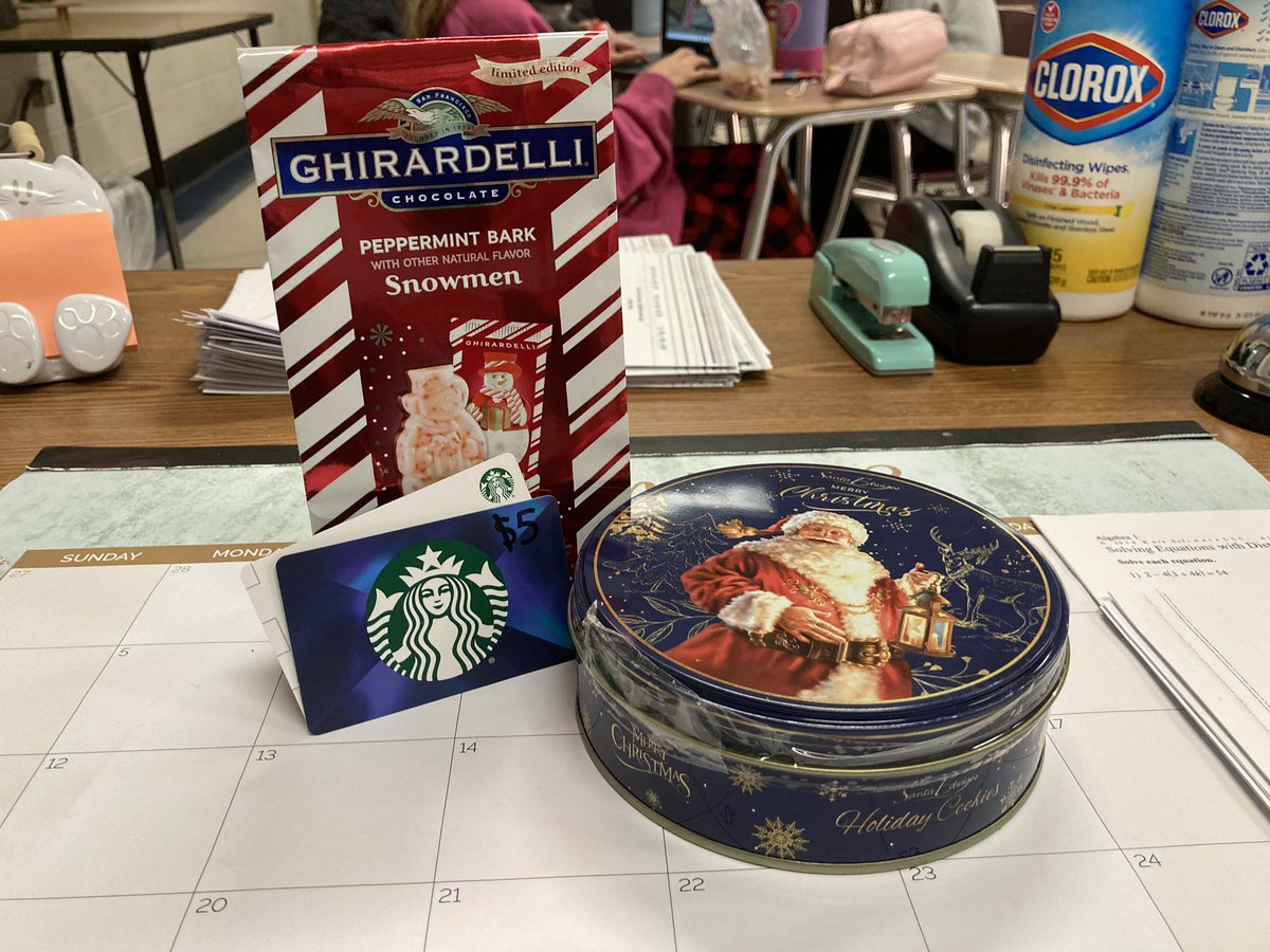 MsGralish's tweet photo. On the first (and second, third, and fourth) day of Secret Santa, my Santa gave to me…all these amazing, thoughtful gifts! Thank you for sending me these sweet surprises every day. Tomorrow morning is the big reveal! 🐈🎅🏻🎵🎄 #funatschool #SecretSanta https://t.co/M9rFcgRWog