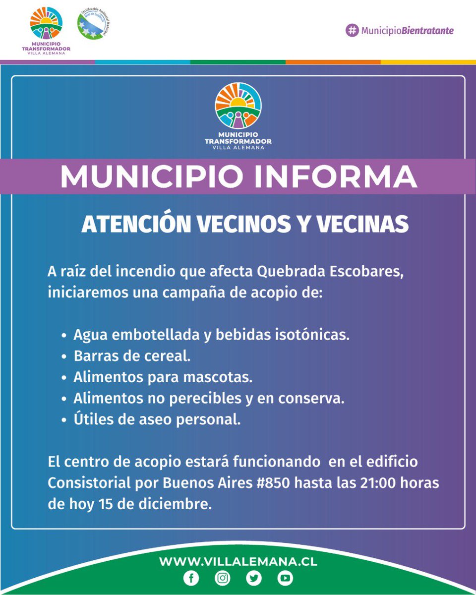 Munivillalemana's tweet photo. 🔴 #MUNICIPIOINFORMA: CAMPAÑA DE ACOPIO POR INCENDIO EN QUEBRADA ESCOBARES.

Se estarán recibiendo los insumos señalados para apoyar a bomberos y voluntarios que combaten el incendio que afecta a la comuna. 

El centro de acopio será en el edificio Consistorial, Buenos Aires #850 https://t.co/292uhYKXMB