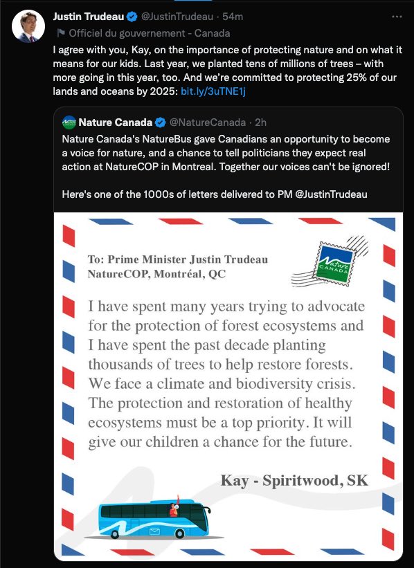 GauriSreenivas1's tweet photo. Together our voices can not be ignored. Your messages are making it through to @JustinTrudeau! Nature citizenship at its finest. Keep it up! We need a Global deal to halt &amp; reverse nature loss #COP15 https://t.co/wMHQTzMJkQ