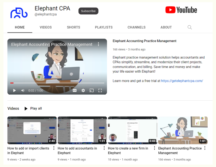 ElephantCPA's tweet photo. Wondering how Elephant can help your firm? Check out the @ElephantCPA #YouTube channel for how to videos and solution overviews.  https://t.co/6DWW2paawQ

#ElephantCPA #practicemanagement #taskmgmt #productivity #collaboration https://t.co/iTIBZnLf7S