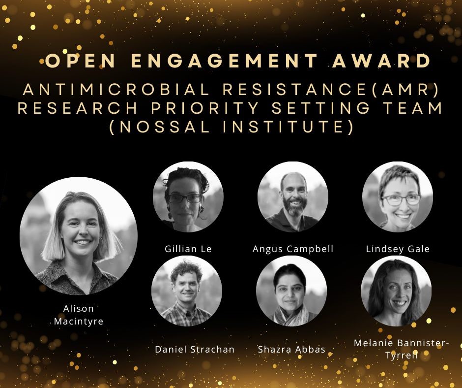 Congratulations to the research team working on the #AntimicrobialResistance Research Priority Setting project; they have received the <a href="/unimelbMSPGH/">Melbourne School of Population and Global Health</a> Open Engagement Award 🎉🎉🎉

<a href="/al_macintyre/">Alison Macintyre</a> <a href="/LivestockGlobal/">Global Livestock Health Security</a> <a href="/DLlStrachan/">Daniel Strachan</a> <a href="/shazraabbas/">shazra </a> <a href="/bmcpake/">Barbara McPake</a> <a href="/UniMelbMDHS/">UniMelb MDHS</a>