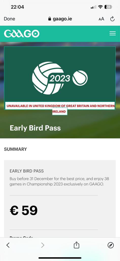 josephgall87's tweet photo. @GAAGO Just gone to buy it, live in County Down. What's the story here? Will people who live in the North not be able to buy the early bird or watch on GAA Go? https://t.co/blhGSvR4va