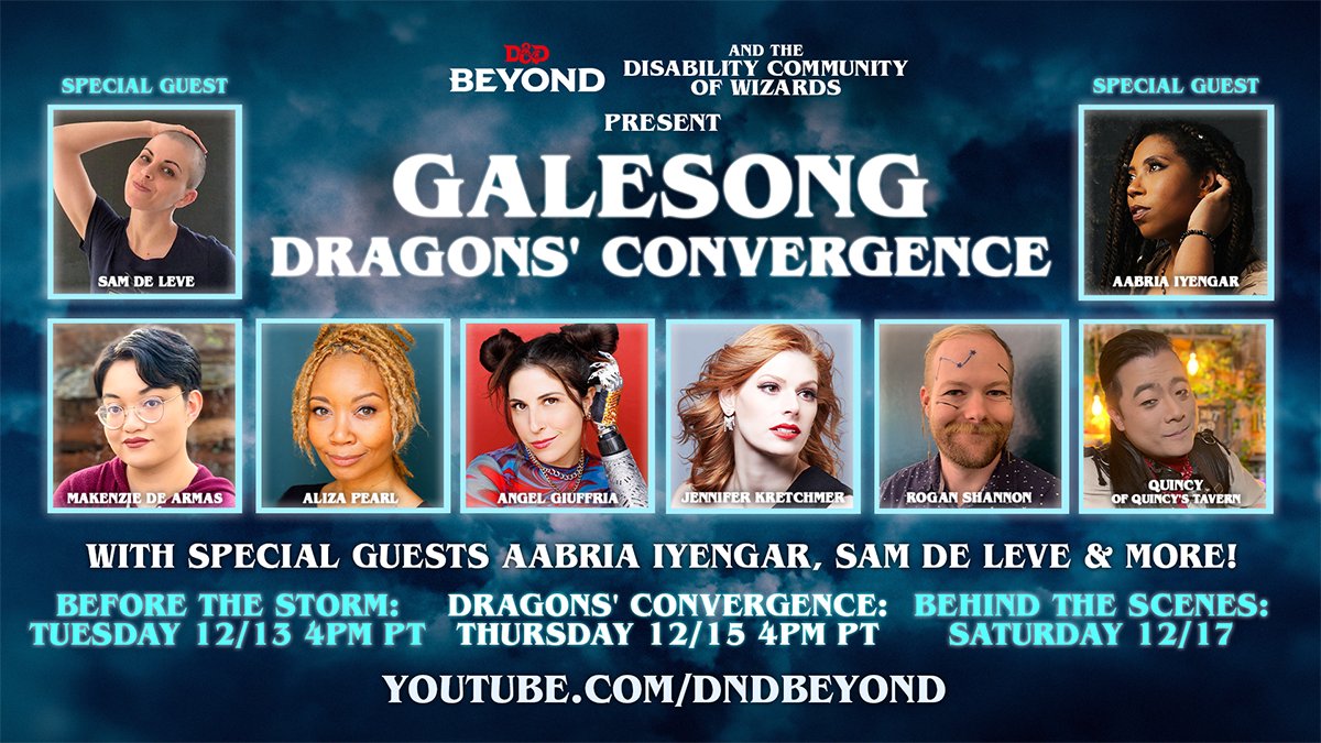 DnDBeyond's tweet photo. 🐉 Prepare for the Convergence! 🐉

The main event happens tonight! Tune in for Galesong: Dragons’ Convergence. An actual play presented by the Disability Community of Wizards.

Join us at 4PM PT on the D&amp;D Beyond Youtube Channel: https://t.co/ELfzaavdwC https://t.co/AaY0K3wpux