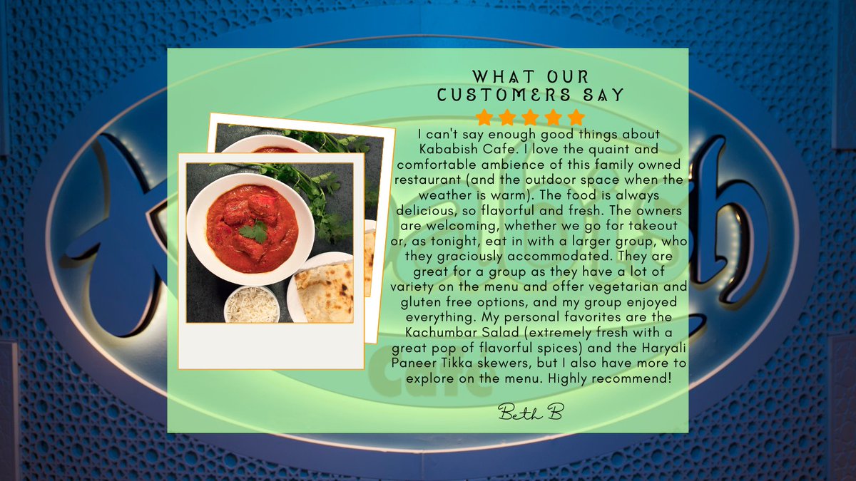 KababishCafe's tweet photo. Ambiance, Delicious, Flavorful and Fresh. This review sums up Kababish Café perfectly, wouldn't you say?
P.S. Thanks for the awesome review Beth! #kababishcafe https://t.co/BP8Nvb8Jtt