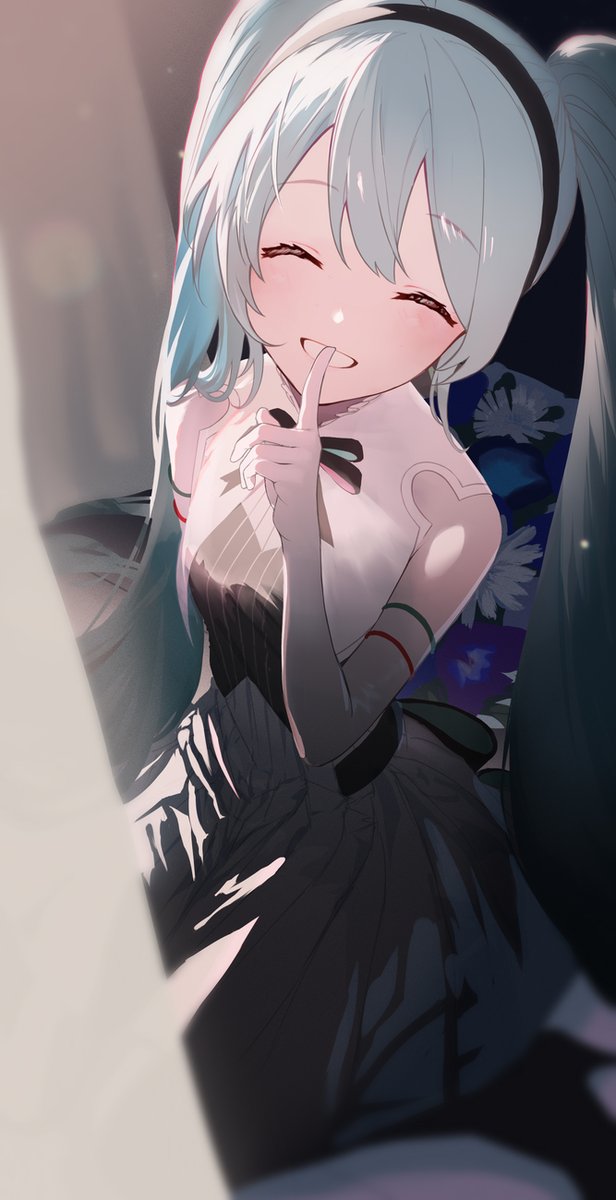 hatsune miku 1girl solo closed eyes finger to mouth facing viewer twintails smile  illustration images