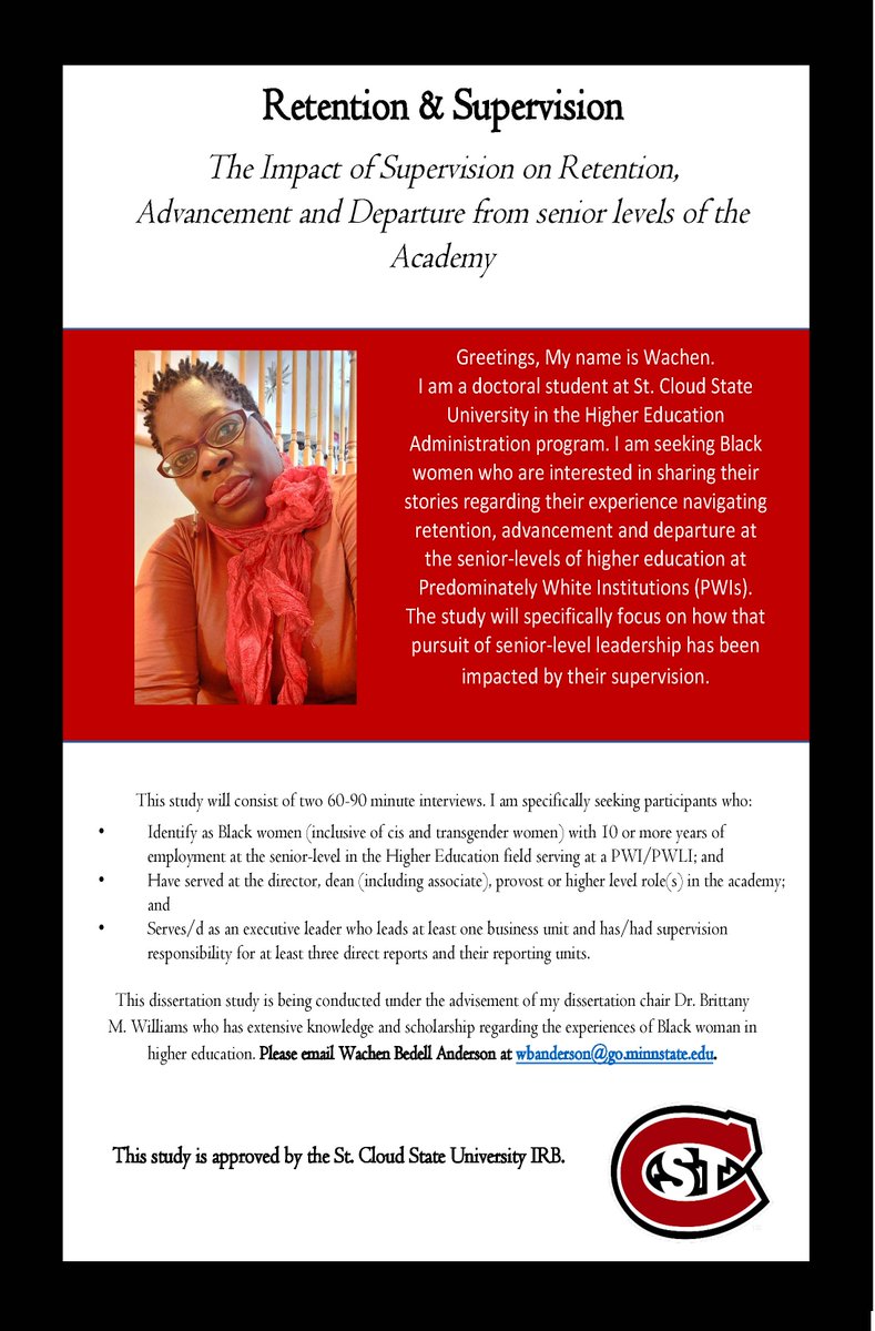 WNBAnderson4173's tweet photo. I am recruiting participants for a research study exploring the experiences of Black women at the senior levels of the academy at PWIs and the impact their supervision had on their retention, advancement, or departure from their roles or from the academy. https://t.co/AeP2bSVZUD