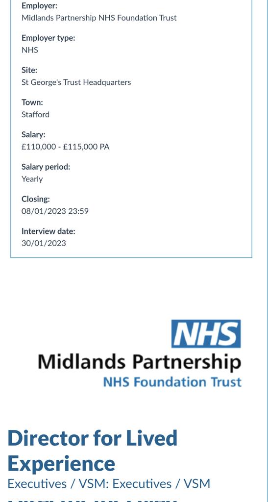 This is astonishing. As nurses are threatening to strike, the Midlands Partnership NHS Foundation Trust is advertising for a £110,000-£115,000 a year "Director of Lived Experience." Much of the job description is HR gobbledygook -- for instance "The aim is for this...[1/n]