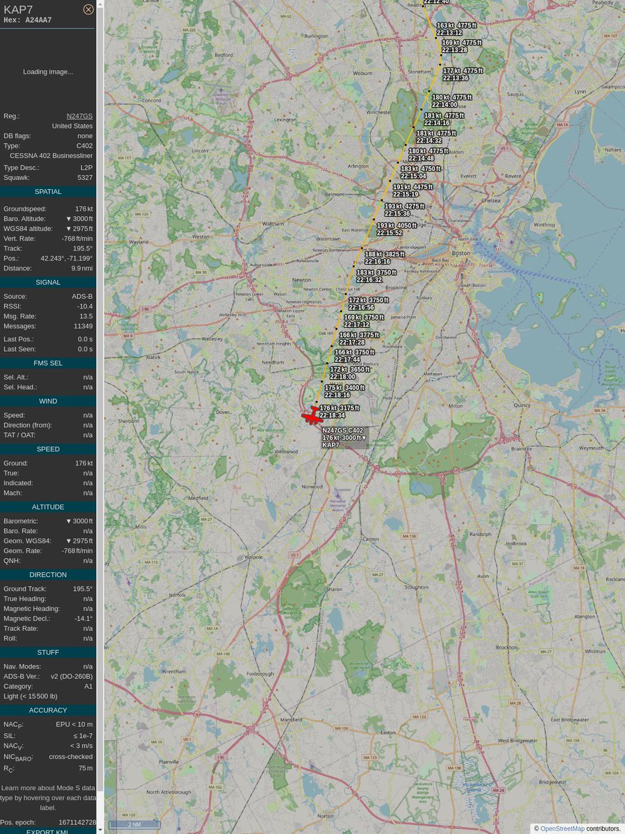 PlaneBoston's tweet image. ICAO: #A24AA7
Flt: #KAP7 #CapeAir #BOS-#BHB
First seen: 2022/12/15 17:15:12
Min Alt: 4050 ft MSL
Min Dist: 1.6 nm

#planefence #adsb - planefence.com
globe.adsbexchange.com/?icao=a24aa7