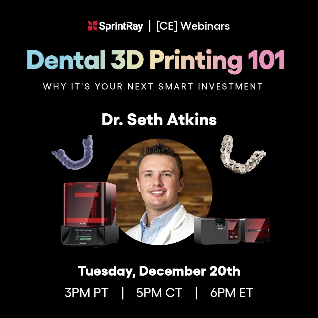 Start 3D printing in your dental office! Join Dr. Seth Atkinds on Dec. 20 for a free webinar and learn in-office digital workflows from scan to print and delivery using the SprintRay 3D printing ecosystem. RSVP here: info.sprintray.com/dental-3d-prin…