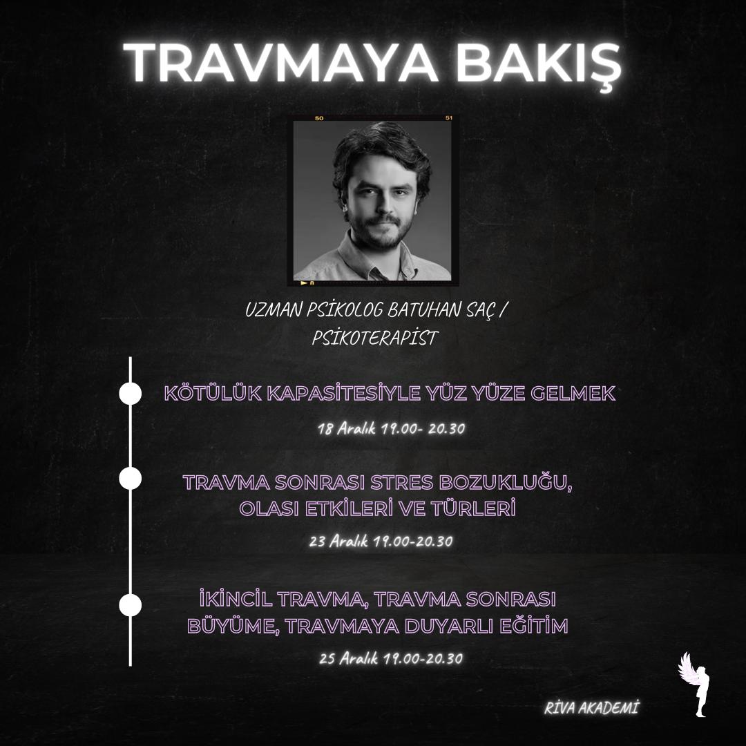 rivaakademi's tweet photo. 18-23-25 Aralık Tarihlerinde Uzman Psikolog Batuhan Saç ile "Travmaya Bakış" Etkinliğinde buluşuyoruz 🫶🏻

📍Etkinliğimiz ücretsizdir. Google meets üzerinden gerçekleşecek olup herkesin katılımına açıktır.Etkinliğe kaydolmak için profilimizde bulunan bağlantıya tıklayabilirsiniz https://t.co/9AWqy2VTMH