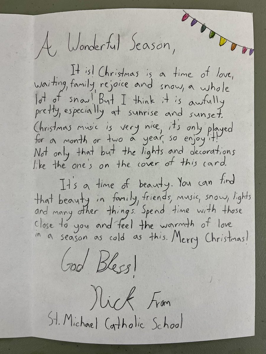 While making cards for seniors today, one of my students took it upon himself to write a heart-warming message that is sure to make them smile. So thoughtful. ❤️ <a href="/thestingersbuzz/">St. Michael School</a>