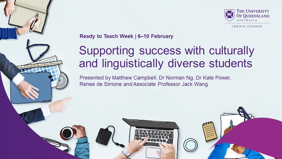uqITaLI's tweet photo. Join Matthew Campbell, Dr Norman Ng, Dr Kate Power, Renee de Simone and A/Prof @JackTHWang at this #R2TeachWeek workshop on supporting success with CALD students across the curriculum. Register at https://t.co/e8oDwSQw0X
@UQHealth @UQ_Business @UQ_SCMB @UQscience https://t.co/yesuXvY4sK