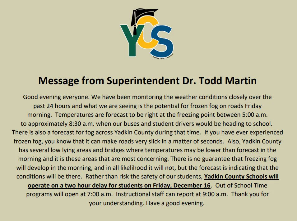 Yadkin County Schools on Twitter: "Yadkin County Schools will operate