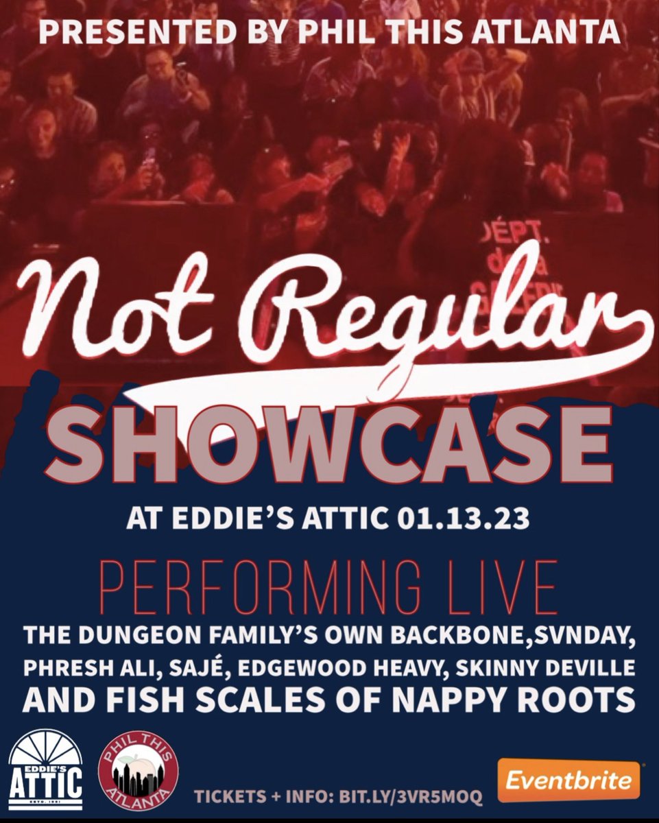 PhilThisATL's tweet photo. This will sell out! Grab your tickets for the #NotRegular showcase at @eddiesattic w/ @BACKBONE_DF1G, Skinny and Scales of @NappyRoots &amp; more!

Tickets: https://t.co/00OPBdEfLv

#dungeonfamily  #atlmusic #nappyroots #atlanta #decatur #ATLKY #livemusic #hiphop https://t.co/EwPUjvWFC5