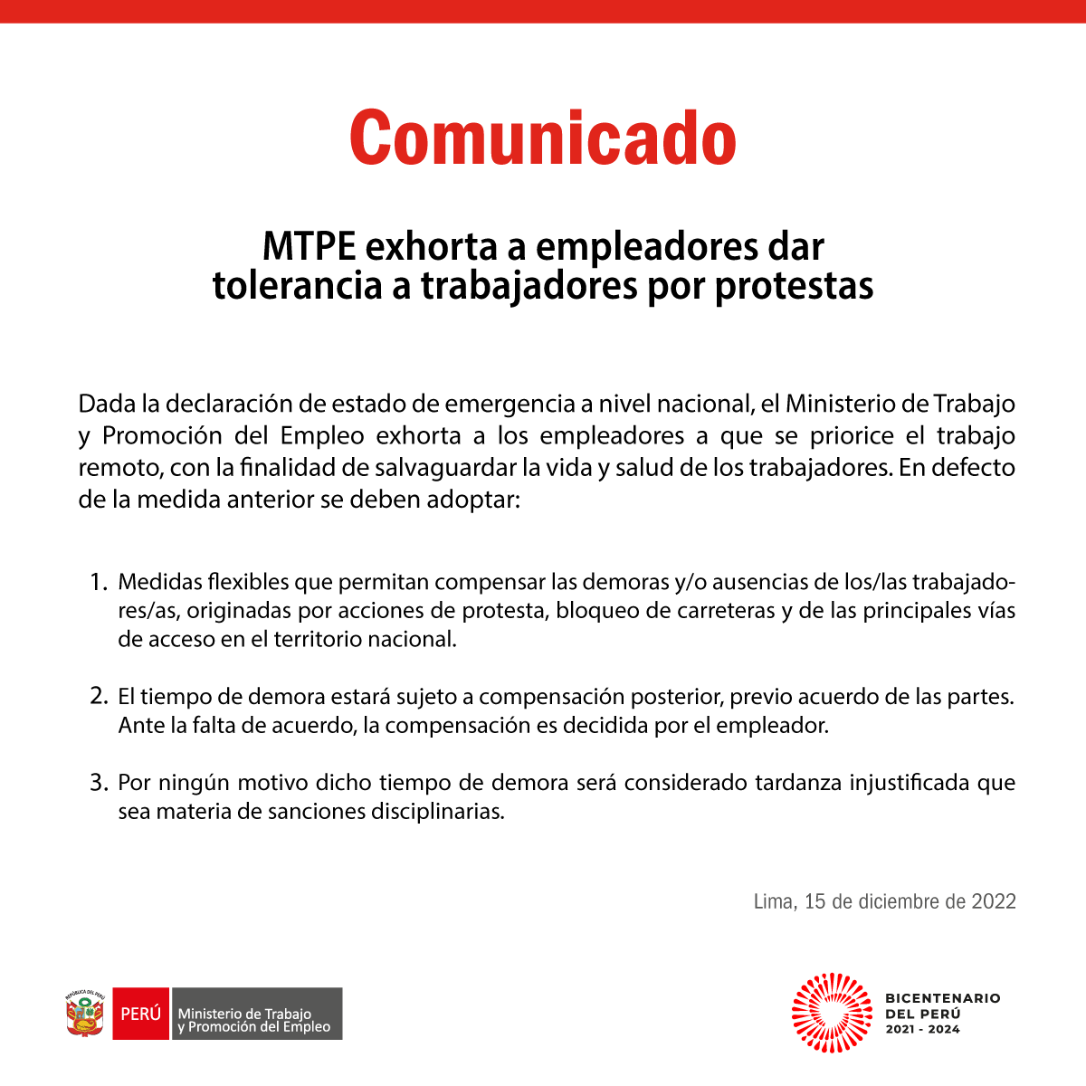 MTPE_Peru's tweet photo. 🔴 #COMUNICADO | Hacemos la siguiente exhortación a los empleadores en el marco de la declaratoria de estado de emergencia a nivel nacional. https://t.co/qiQ7wQEjP3 https://t.co/Hy1cdzxJQb