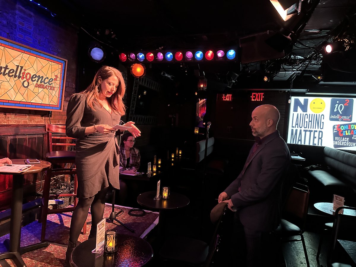 OpentoDebateOrg's tweet photo. #IQ2US is downtown in #NYC tonight @ComedyCellarUSA's Village Underground debating: Was January 6th an Existential Threat to American Democracy? 

Where do stand? Y or N
@PoliticsRebekah arguing yes and @ajkeen arguing no
Moderator: @JohnDonvan
Special Guest: @PeteDominick https://t.co/Bhtpr0WXik