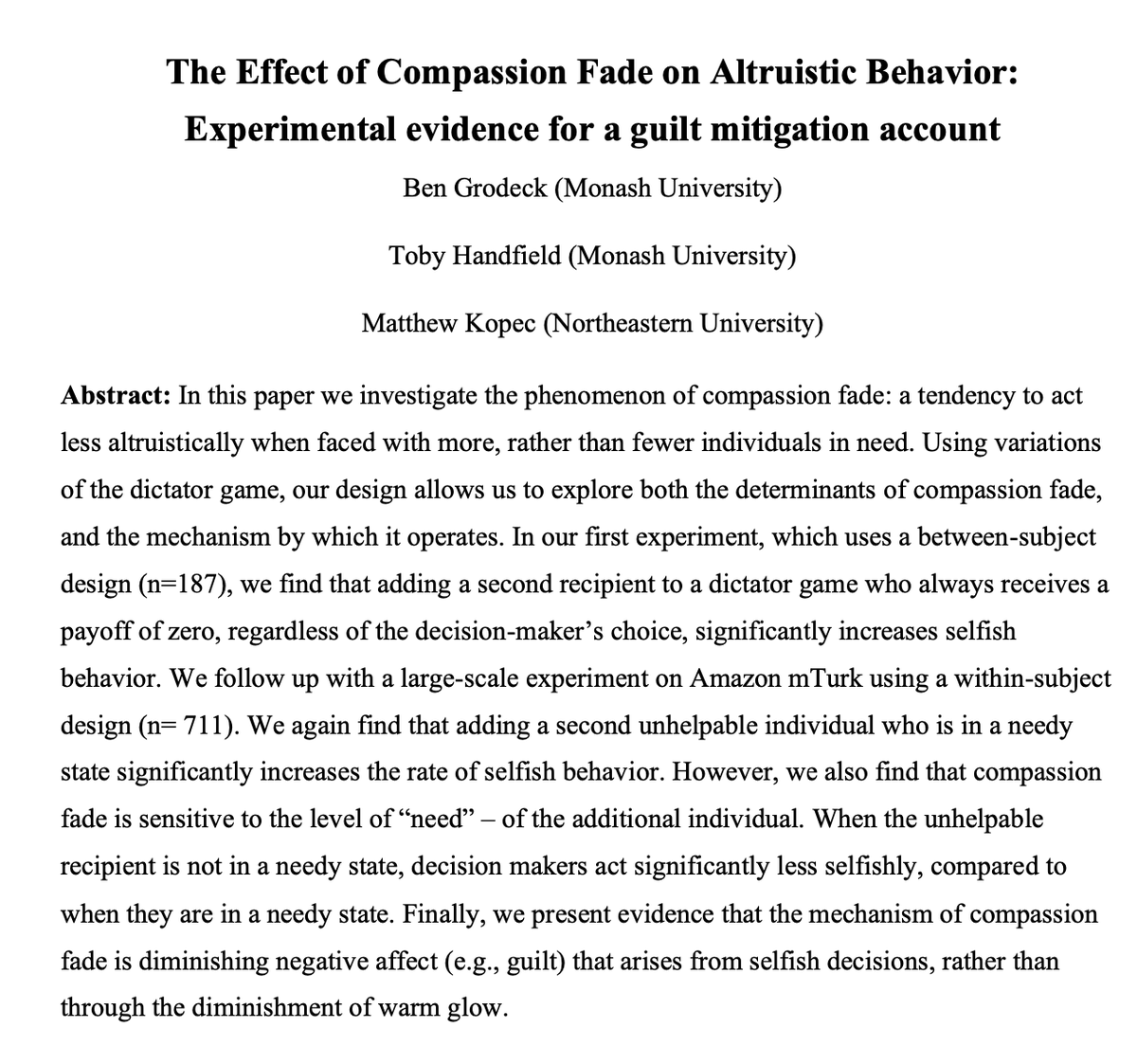 🚨New Working Paper🚨 

With <a href="/toby_handfield/">Toby Handfield</a> &amp; Matthew Kopec

We investigate the determinants of compassion fade and the mechanism, by which it operates. 

Thread below 👇

papers.ssrn.com/sol3/papers.cf…