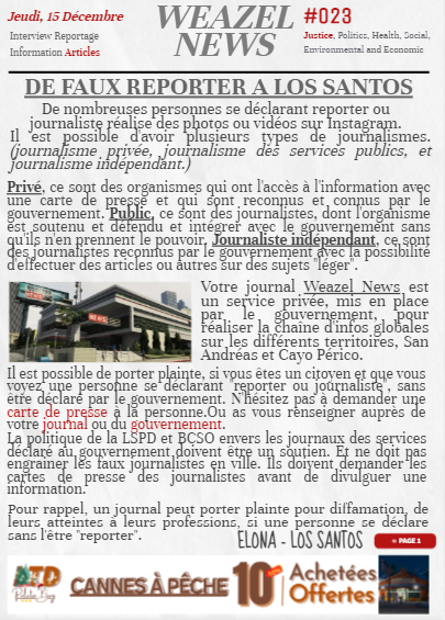 Weazel_fbackFA's tweet photo. 📢ARTICLES 
🗣️ De faux journaliste à Los Santos.🎦 

📰Votre article du 15/12 📰

❤️Likez 💬Commentez 👉Suivez
https://t.co/Pxf95y8GpE

#Flashbackfa #Weazelnews #GTARP https://t.co/6mE5cIc3rW