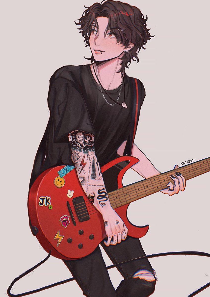guitar tattoo instrument 1boy jewelry male focus solo  illustration images