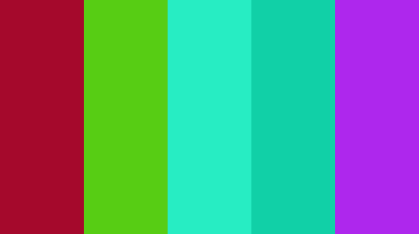 EveryPalette's tweet photo. #a5092c, #57cd14, #27edc3, #11d0a7, #ae27ed https://t.co/uYAlmqJeuh