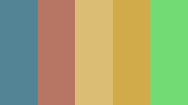 EveryPalette's tweet photo. #528496, #b77664, #dbbd73, #d1aa4a, #73db74 https://t.co/M3bbSSBtdW
