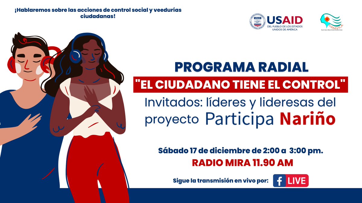 gamvica's tweet photo. 📻 🎙Este sábado desde las 2:00 pm. en Radio Mira 11.90AM. Te invitamos a sintonizar nuestra última emisión del programa radial "El ciudadano tiene el control", con la voz de los líderes y lideresas del proyecto #ParticipaNariño. ¡Te esperamos!
#GobernabilidadResponsable  #USAID https://t.co/RchmwHVZZt